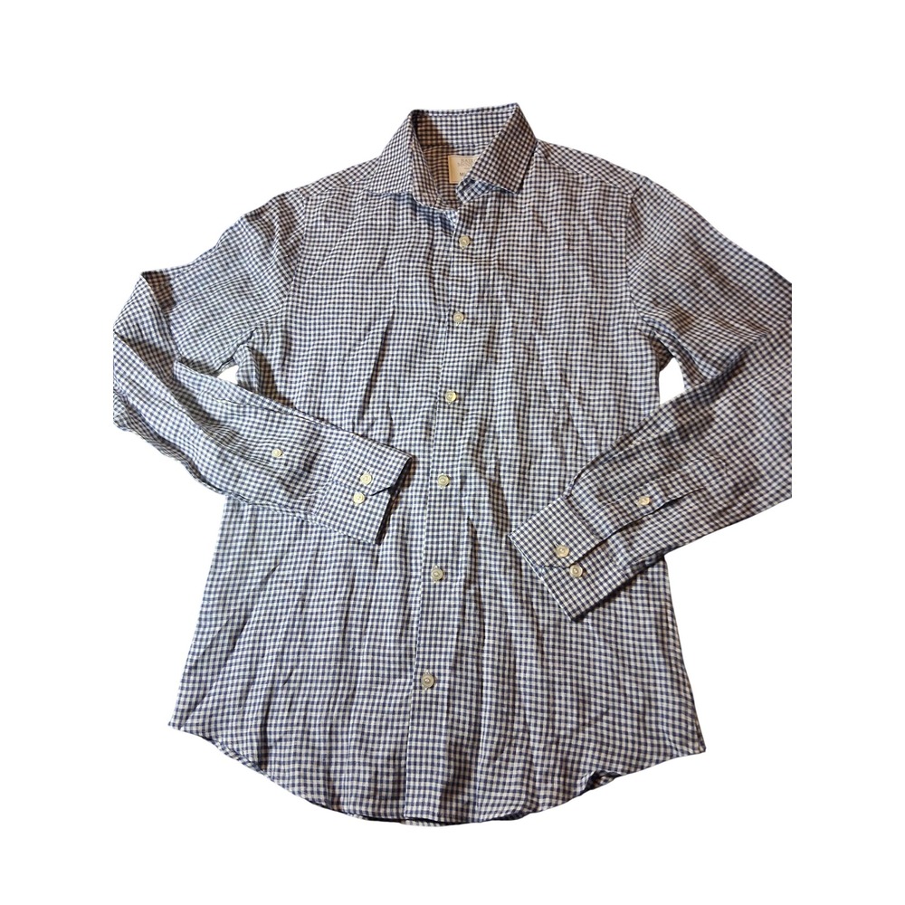 Murano Baird McNutt Mens Small Blue White Gingham 100% Linen Slim Fit Shirt
